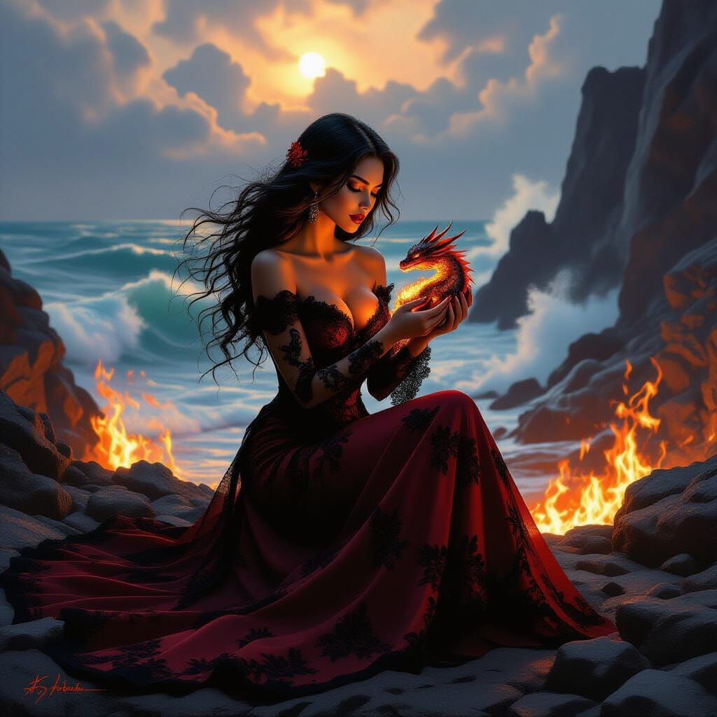 Woman with Fiery Dragon in Dark Coastal Fantasy Scene
