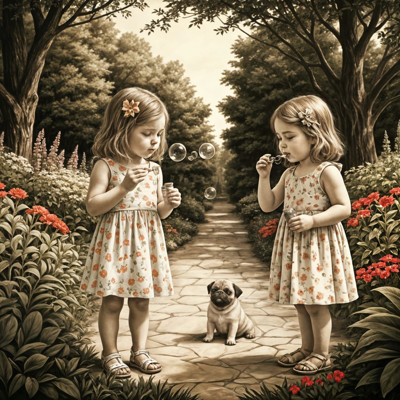 Girls Blowing Bubbles for a Cute Little Pug Puppy in a Whims...