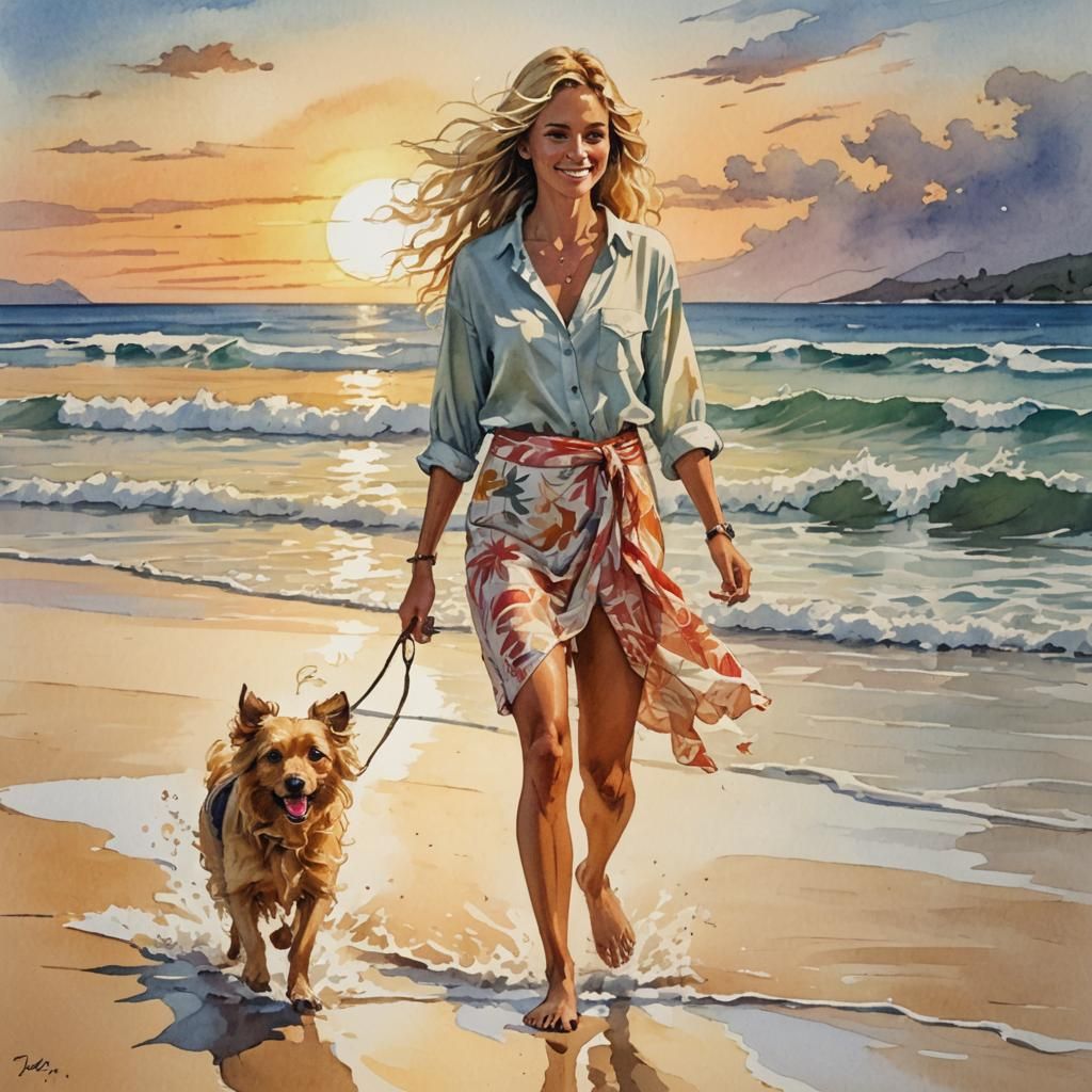 Blonde Woman with Dog on Tropical Beach