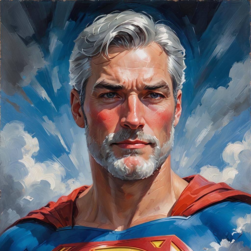 Handsome Silver-Haired Superman Portrait in Impressionist St...
