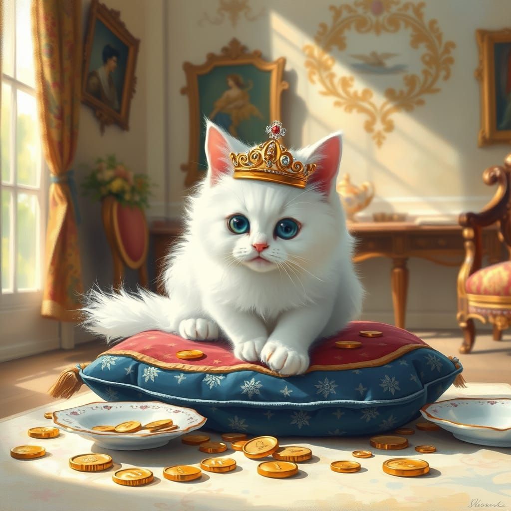 Crowned Cat on Velvet Cushion: Impressionistic Style