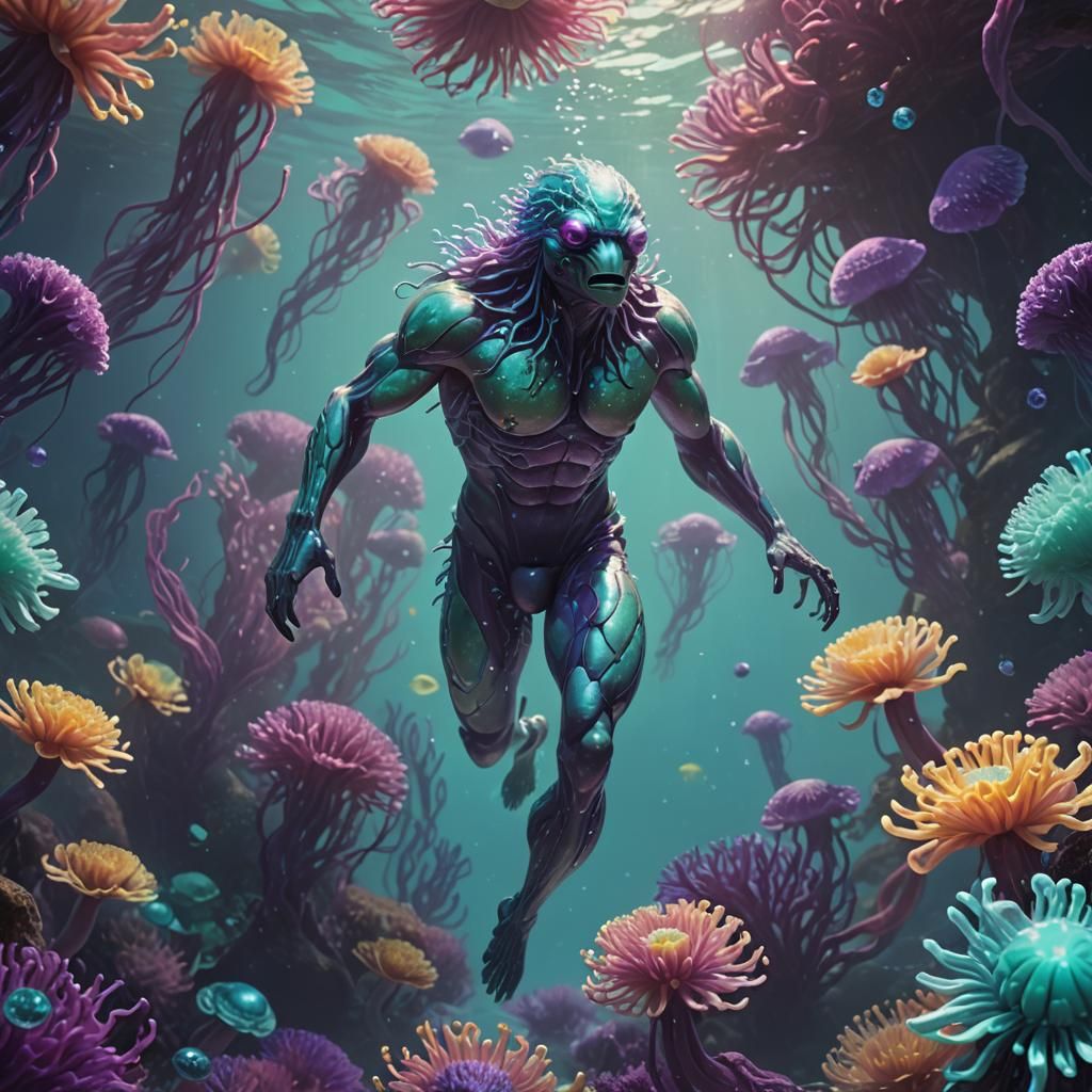 Humanoid Creature Swimming in Bioluminescent Sea
