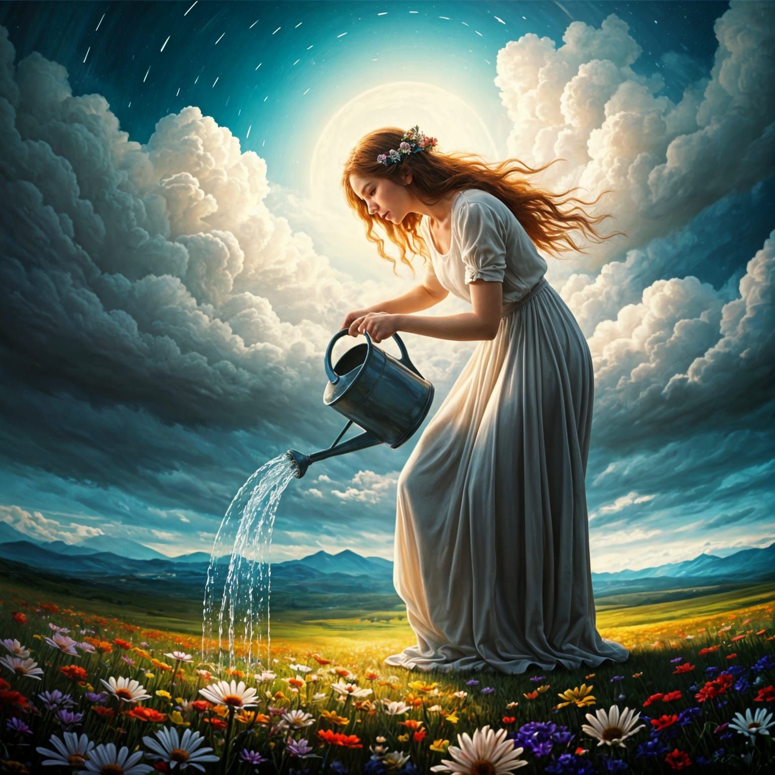 Fantasy Art: Woman Waters Earth from the Clouds