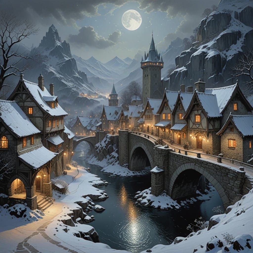 Snow-Dusted Mountain Village with Majestic Bridge and Frosty...