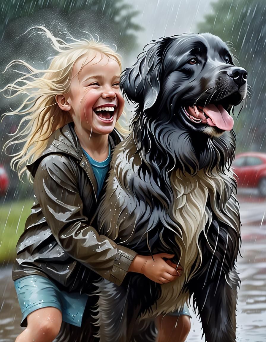 Girl and Newfoundland Dog Playing in Rain