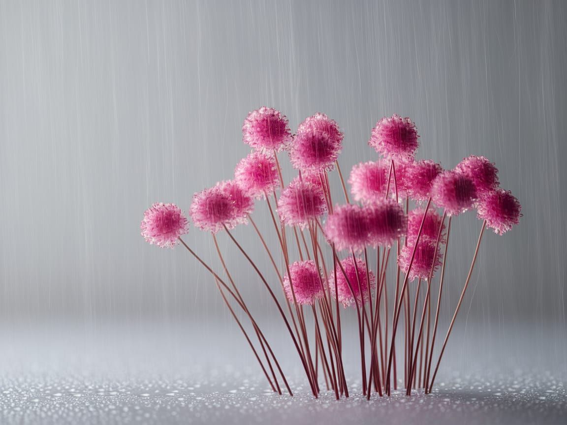 Vibrant Pink Flowers in Soft Gray Rainy Atmosphere