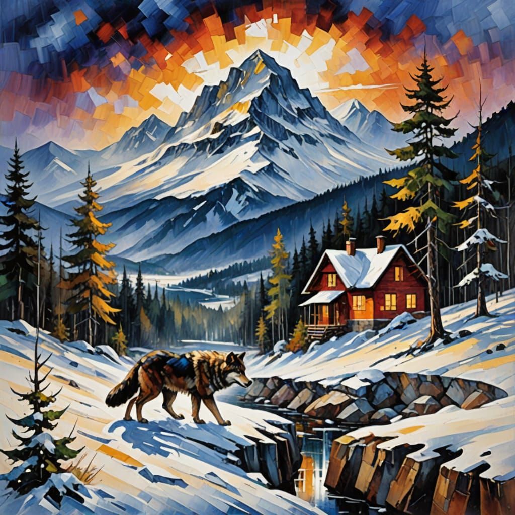 Wolf on Snowy Mountain in Afremov and Mondrian Style