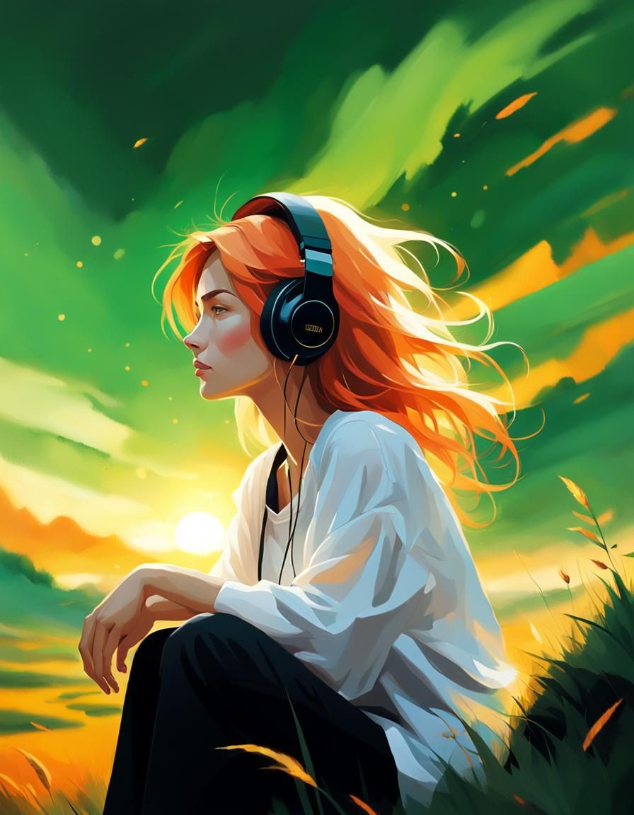 Woman Gazing at Sunset Landscape: Oil Painting