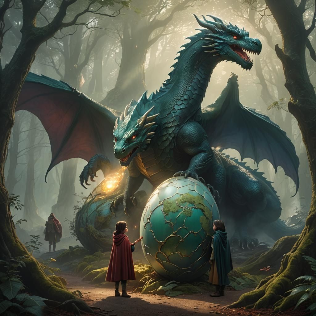 Girl and Dragon in Mystical Forest, Fantasy Art