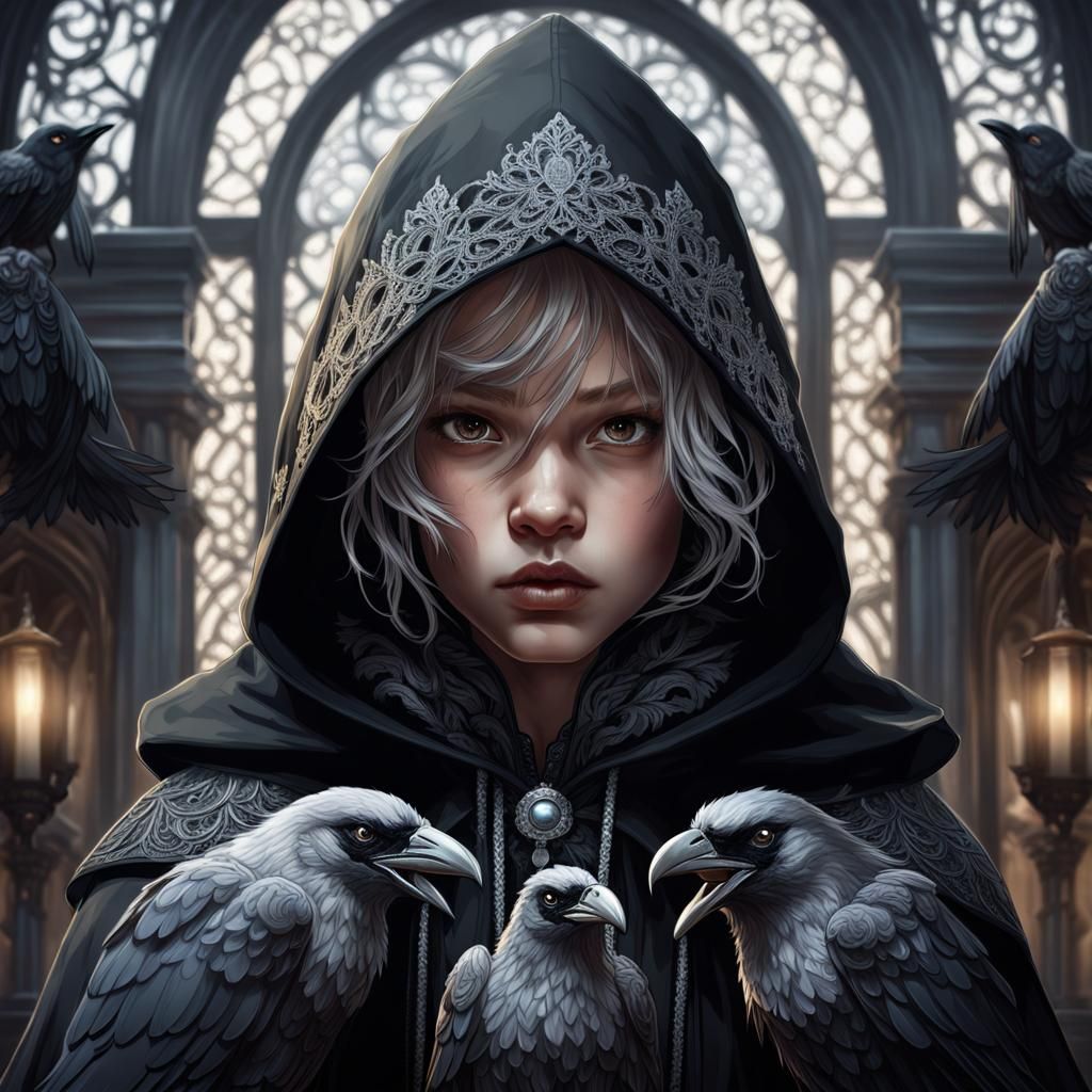 Gothic Toddler with Raven: Dark Fantasy Concept Art