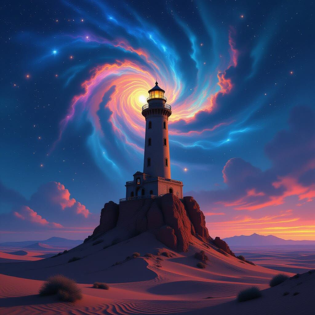 Desert Lighthouse Under Nebula Sky