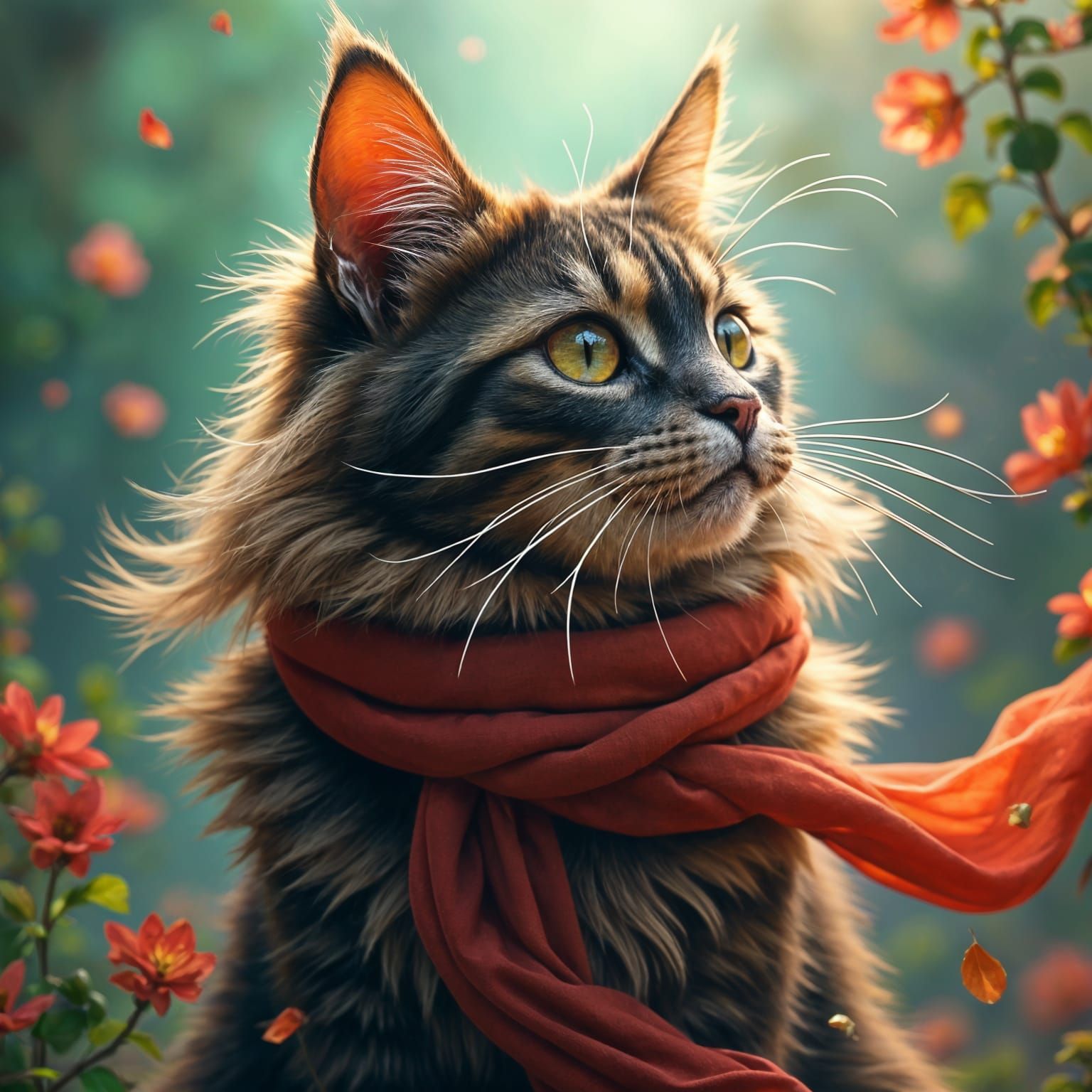 Tortoiseshell Cat in Wind with Flowers: Matte Painting