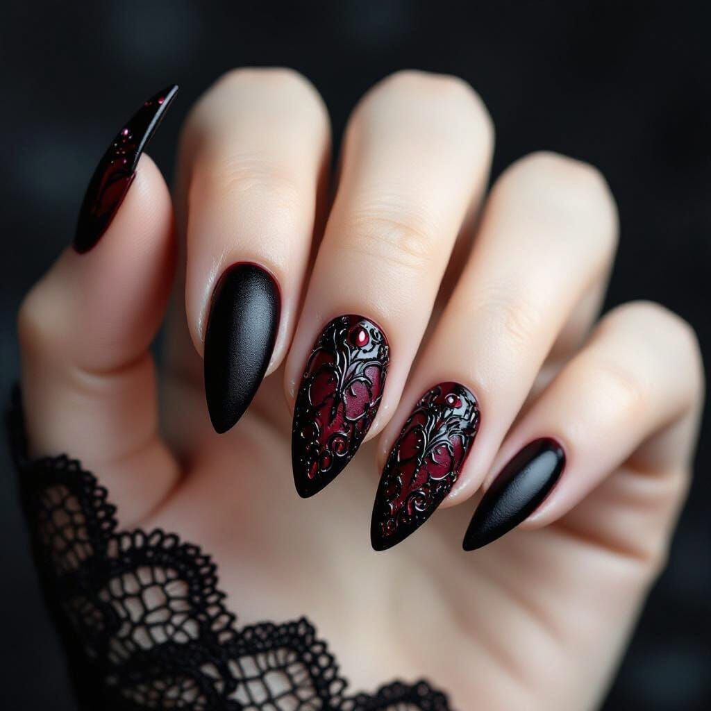 Gothic Nail Art on Pale Hand in Dark Lace