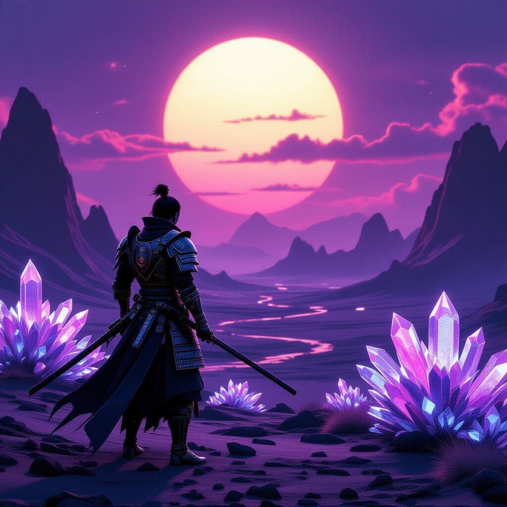 Samurai Warrior on Alien Planet in Cyberpunk Style