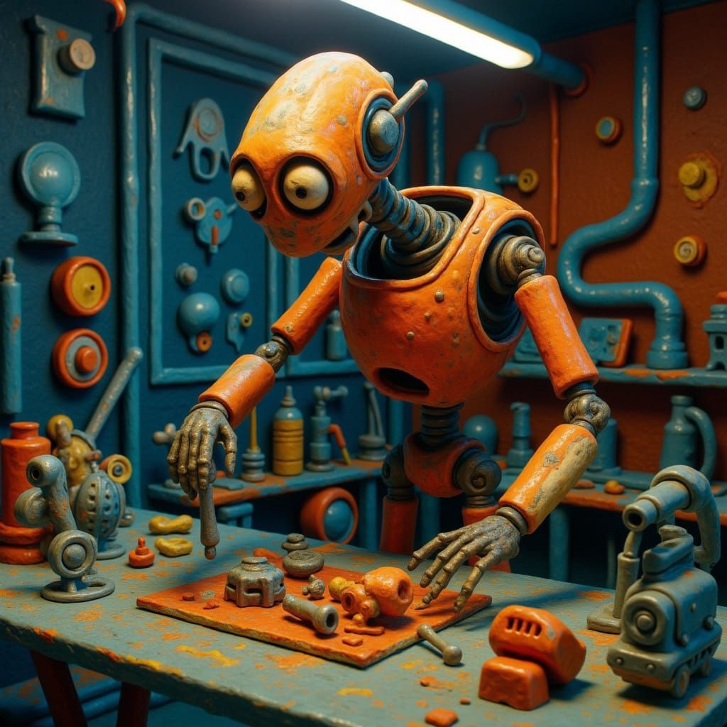 Vintage Robot in 3D Workshop Diorama