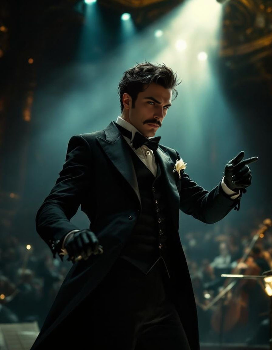 Sinister Steampunk Conductor in Opera Theater