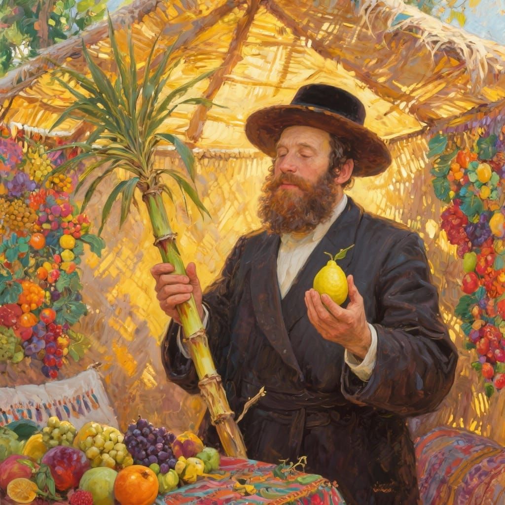 Chasidic Jew in Sukkah Holding Lulov and Etrog on Sukkos