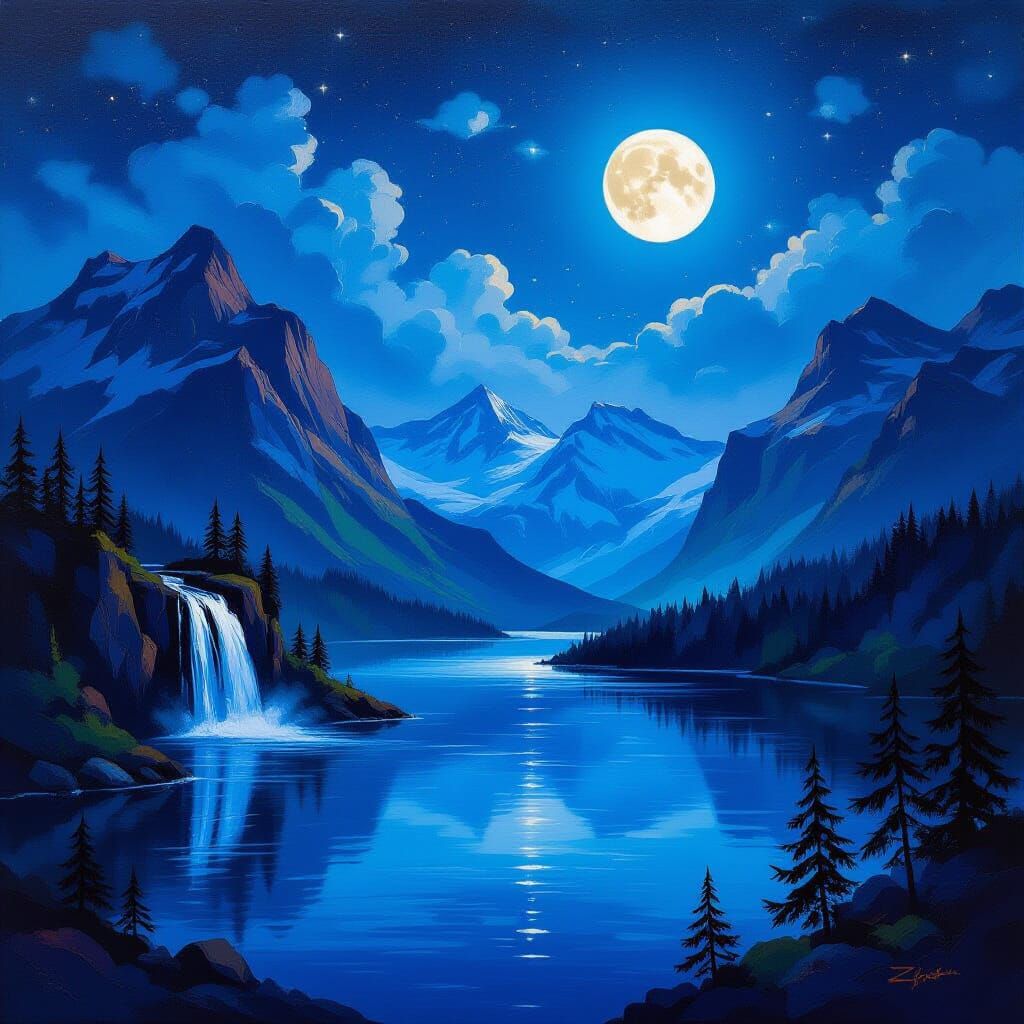 Mountain Landscape at Midnight as Impasto Painting