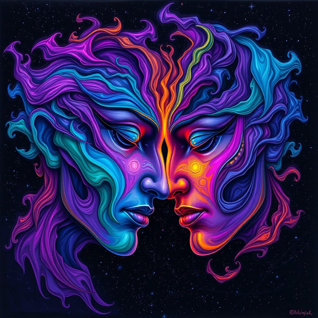 A vibrant, cosmic artwork featuring two abstract faces, blen...