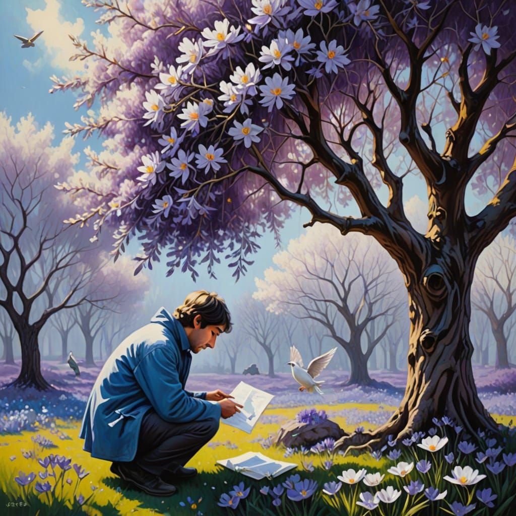 Surreal Olive Tree Scene in Oil Painting Style