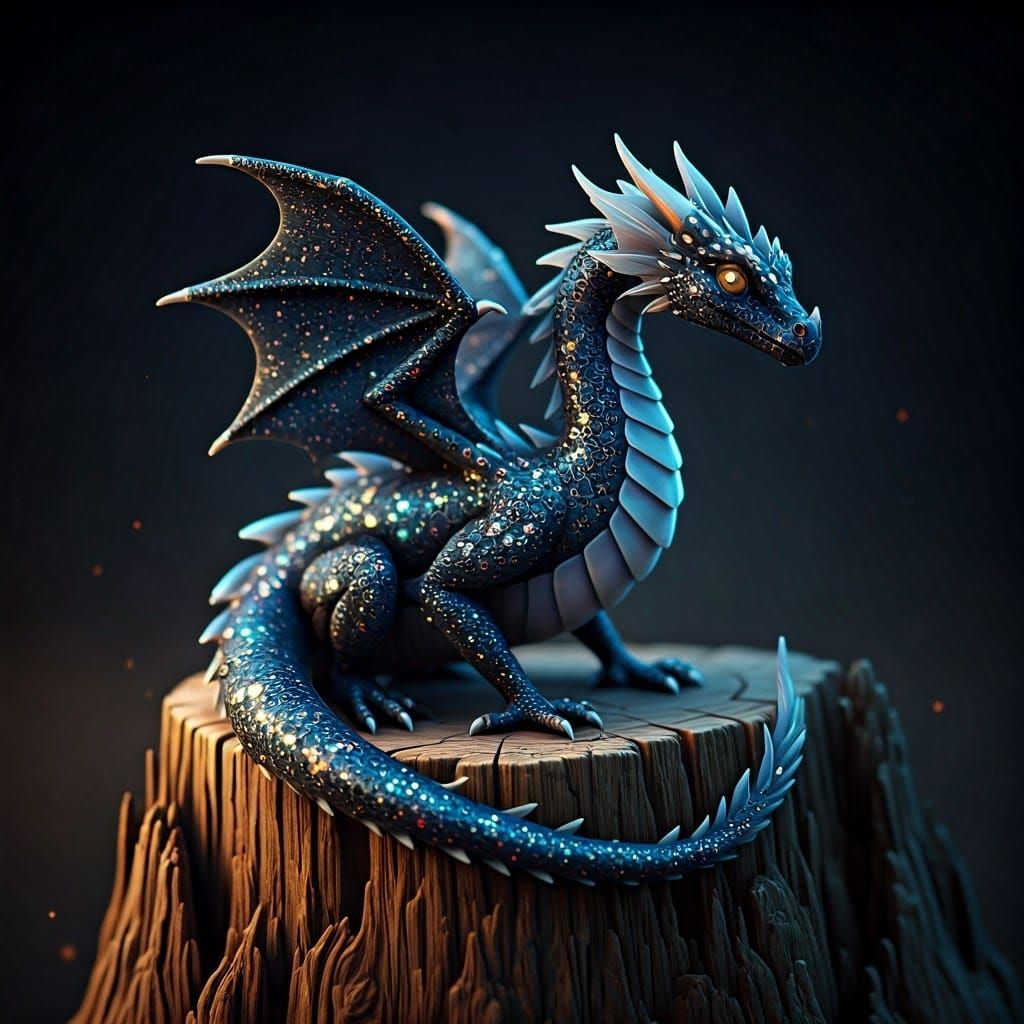 Bioluminescent Crystal Dragon Sculpture on Tree Stump