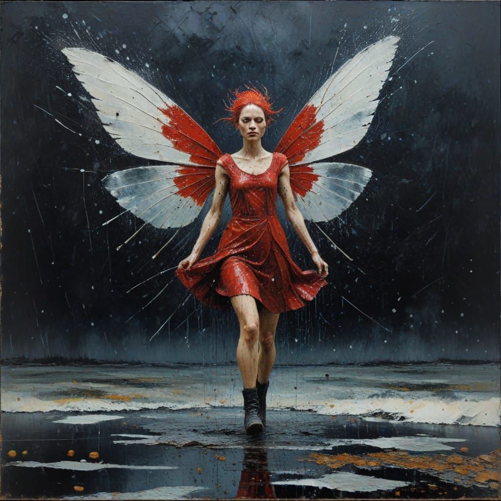Punk Red Fairy in Expressionist Impasto Painting