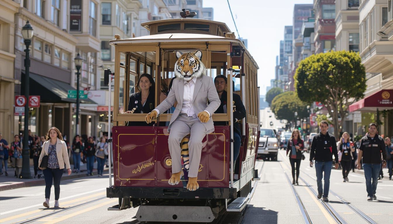 Weretiger in Translucent Suit Rides San Francisco Cable Car