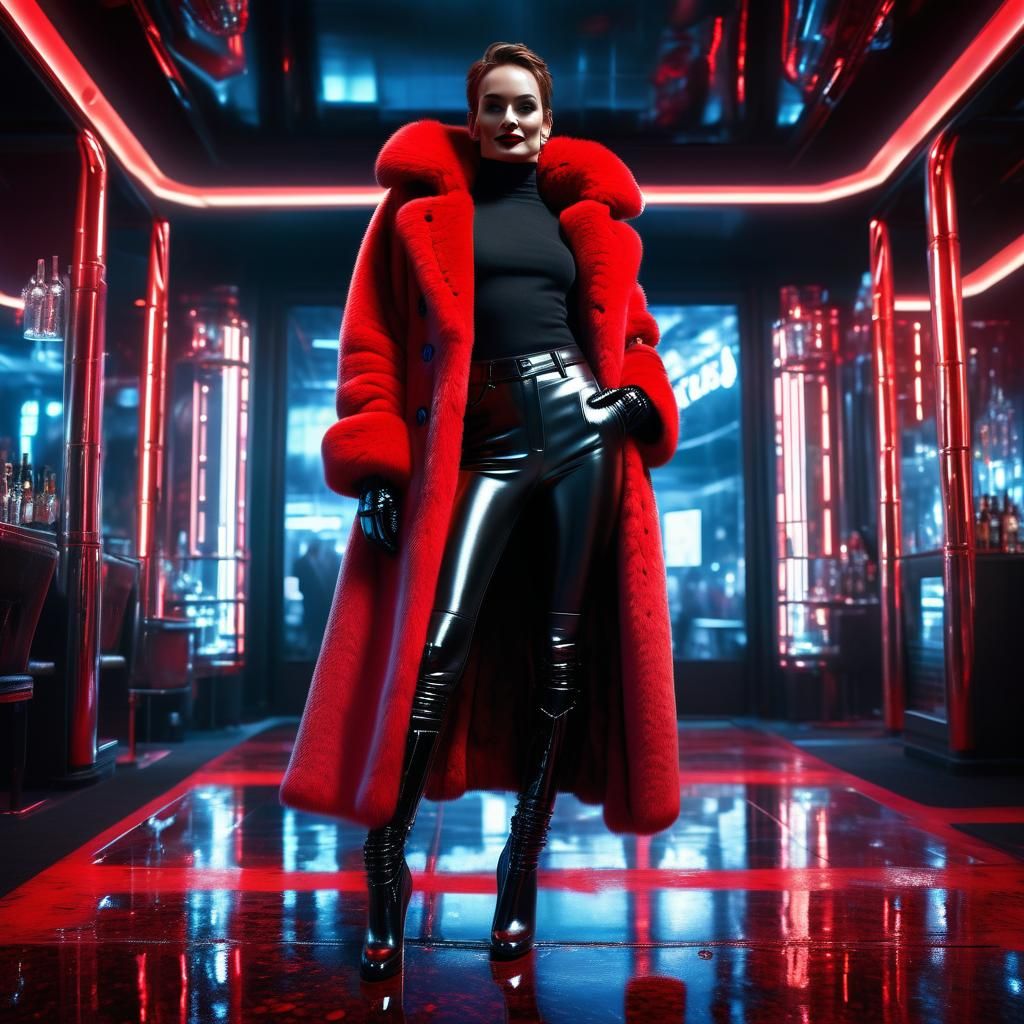 Sci-Fi Woman in Red Coat in Neon Nightclub