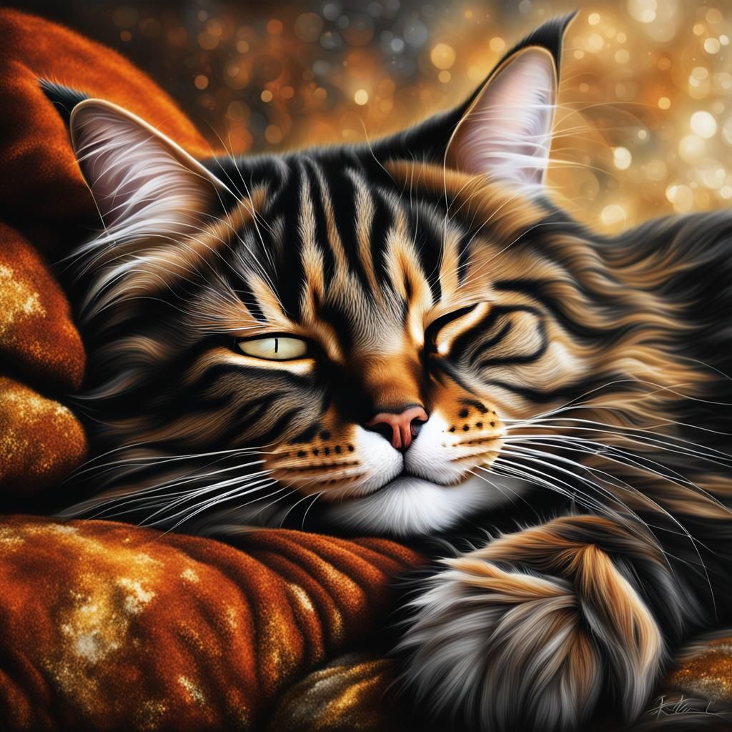 Sleeping Tabby Cat on Sumptuous Cushions