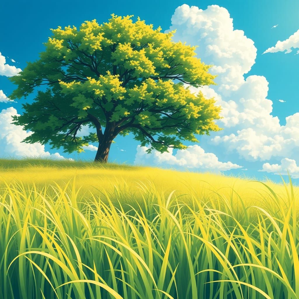 Anime Grass Field with Tree in Studio Trigger Style