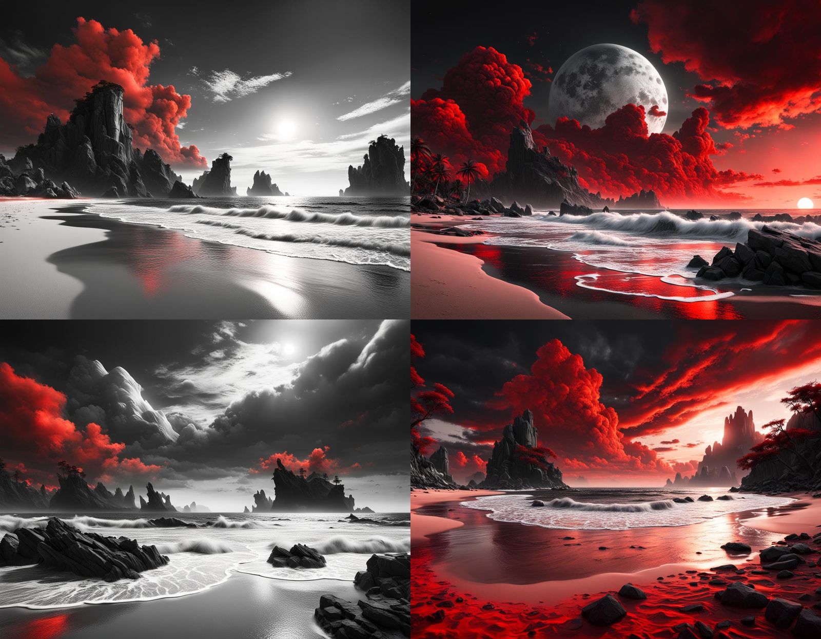 Black and White Beach with Red Clouds: Detailed Matte Painti...