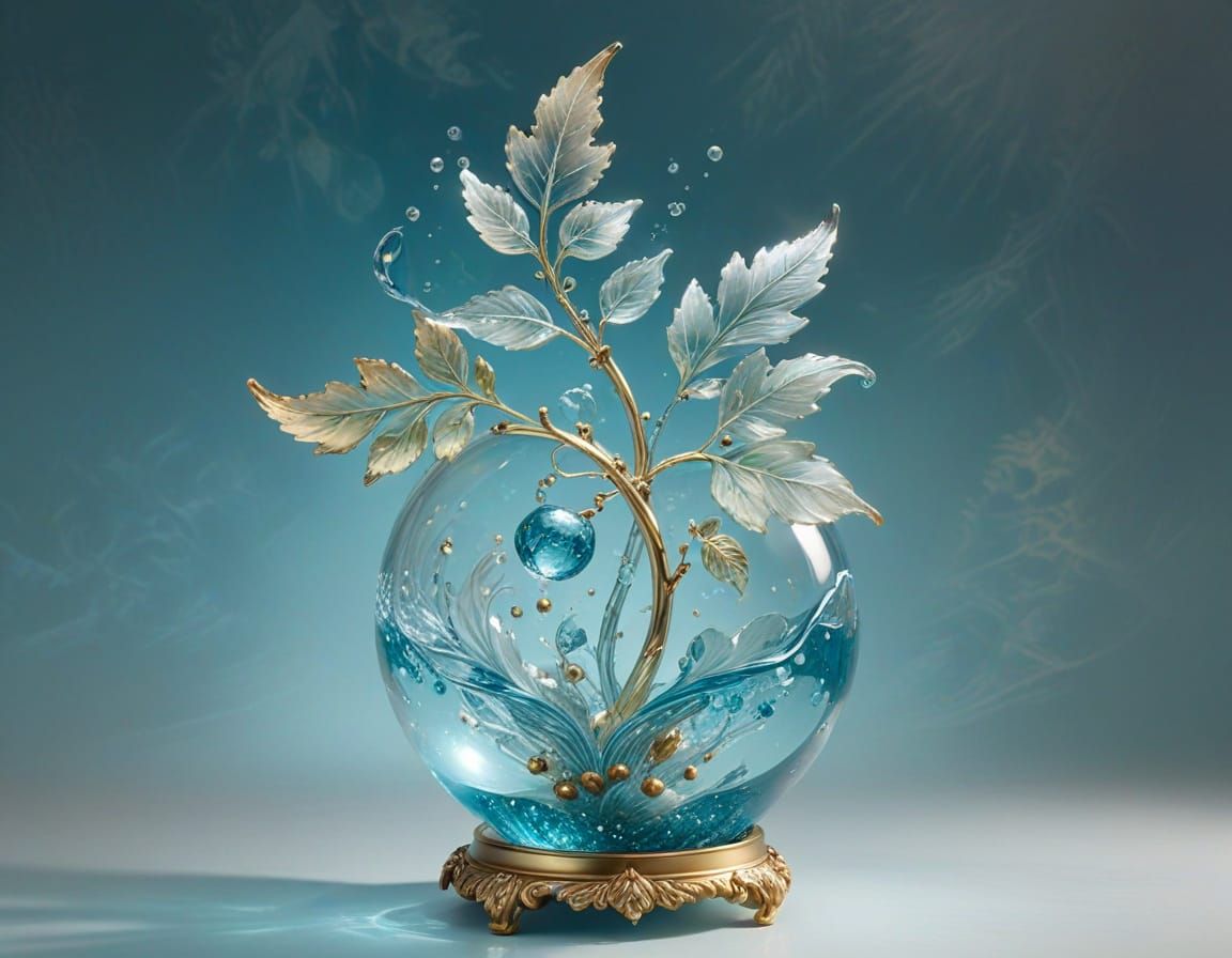Glass Berry Sculpture with Golden Swirls and Crystal Leaf