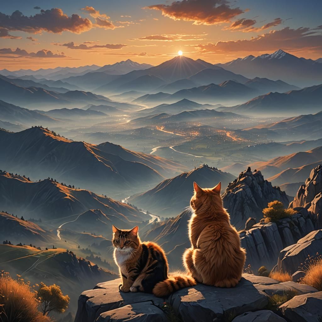 Man and Cat Overlook Valley in Golden Light