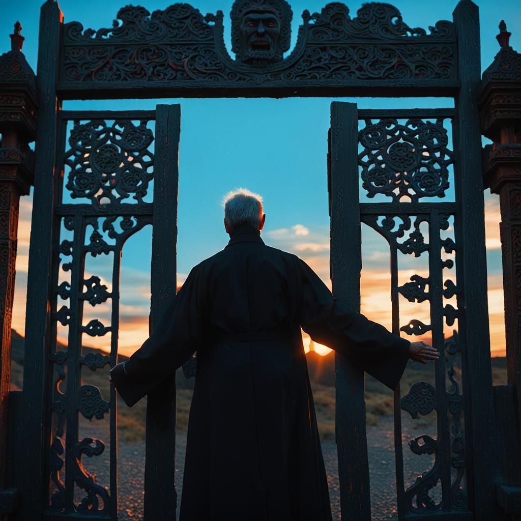 Cinematic Figure at Heaven's Gate in Film Still