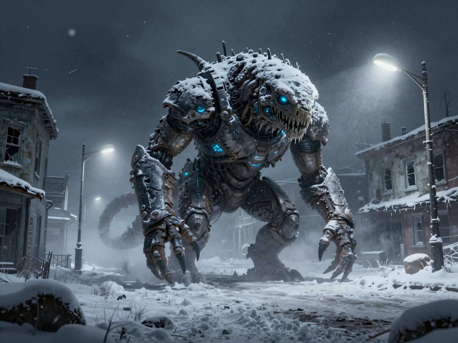 Giant Tardigrade in Snow-Covered Dystopian Town