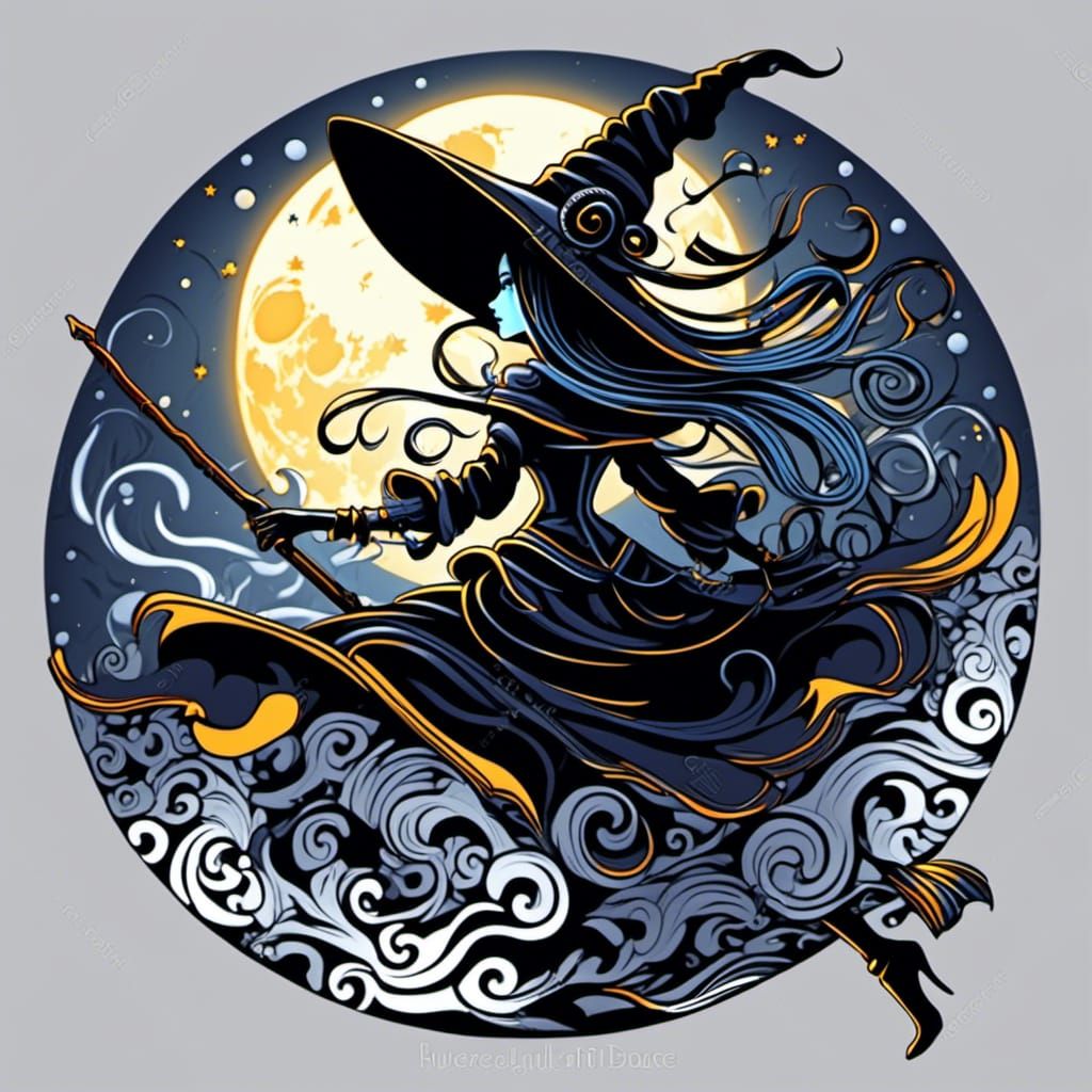 Witch Flying Past Moon in Abstract Fractal Art