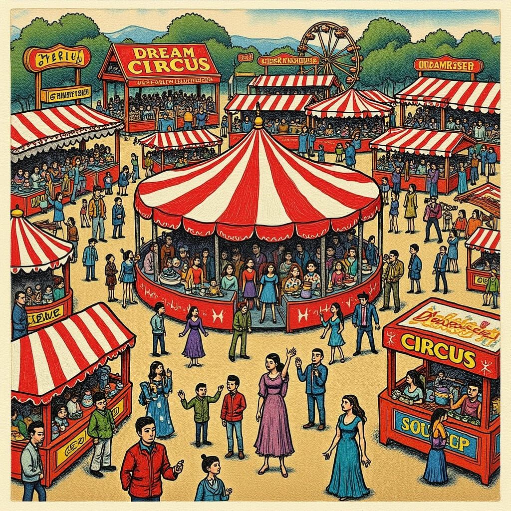 Vibrant Bird's Eye Circus Scene in Street Art Style