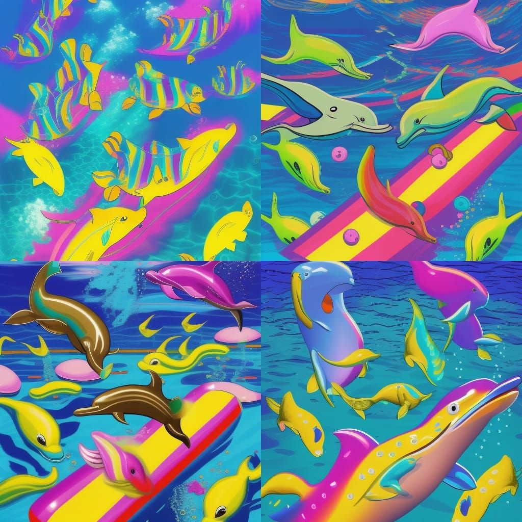 Lisa frank dolphins playing twister underwater in the Caribbean Playing volleyball under the sea fantasy neon retro 80s
