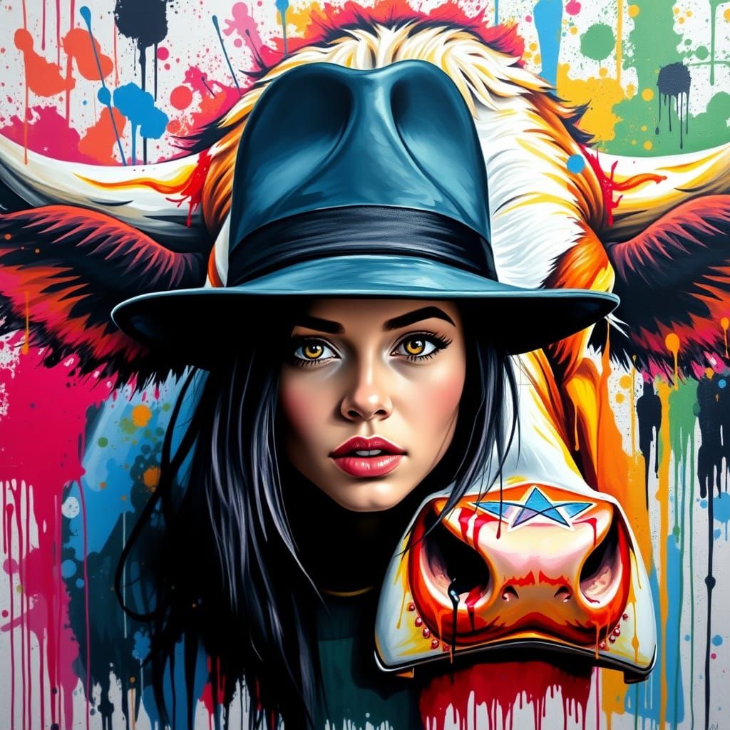 Colorful Graffiti Cow with Woman in Hat