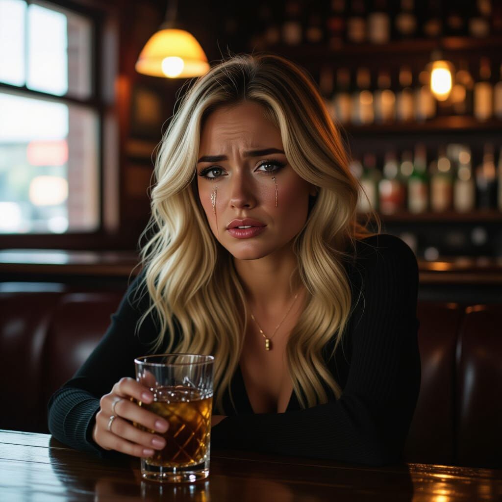 Sad Latina Woman Crying at Bar, Cinematic Film Still