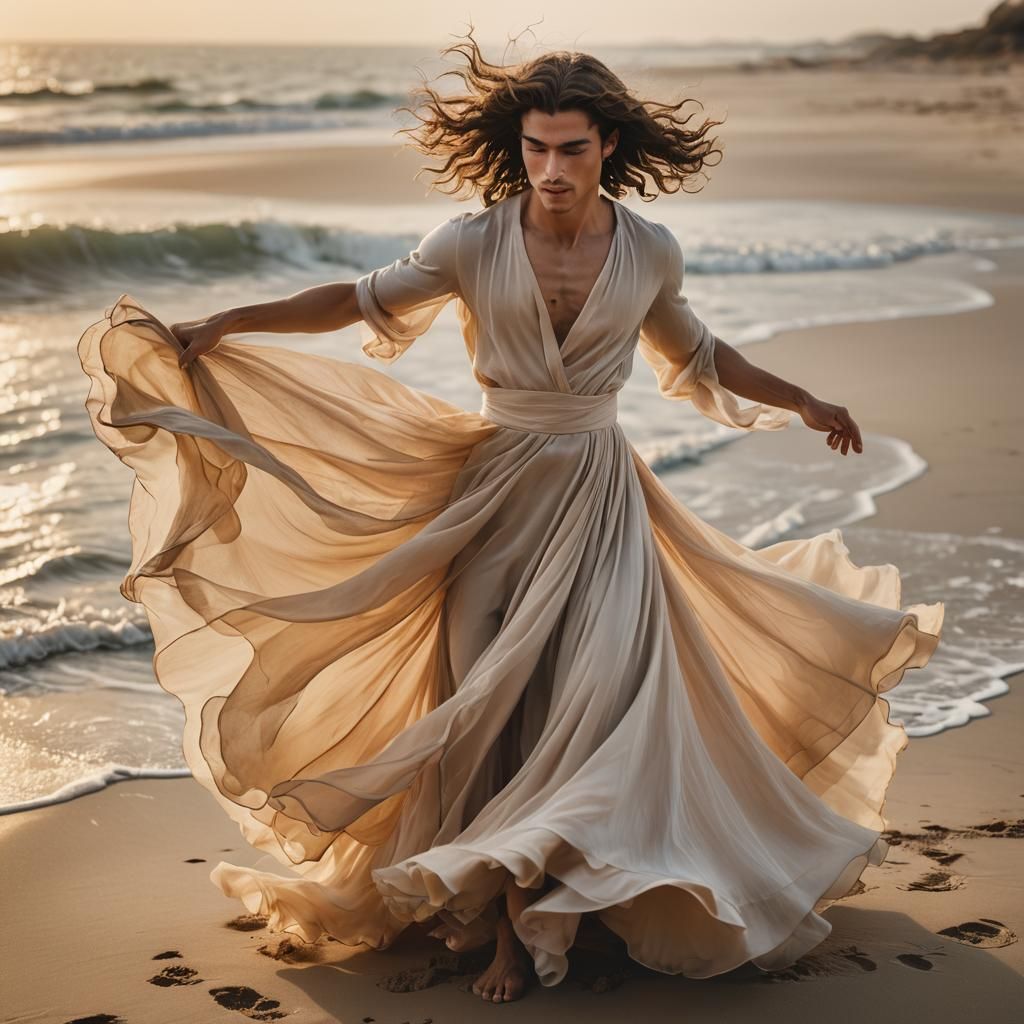 Boy in Flowing Dress Dancing on Beach in Golden Light