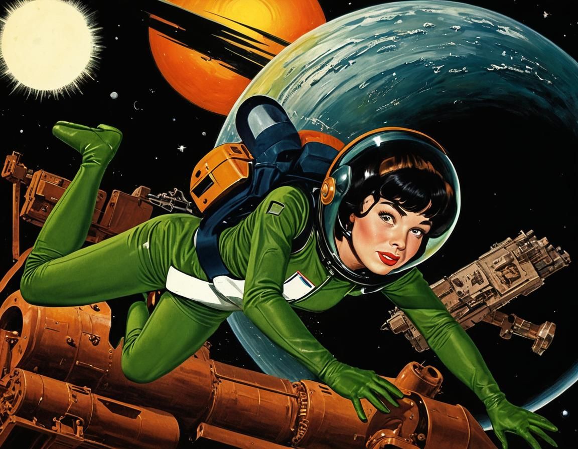 1950s Pin-Up Girl in Space, Hyperrealistic