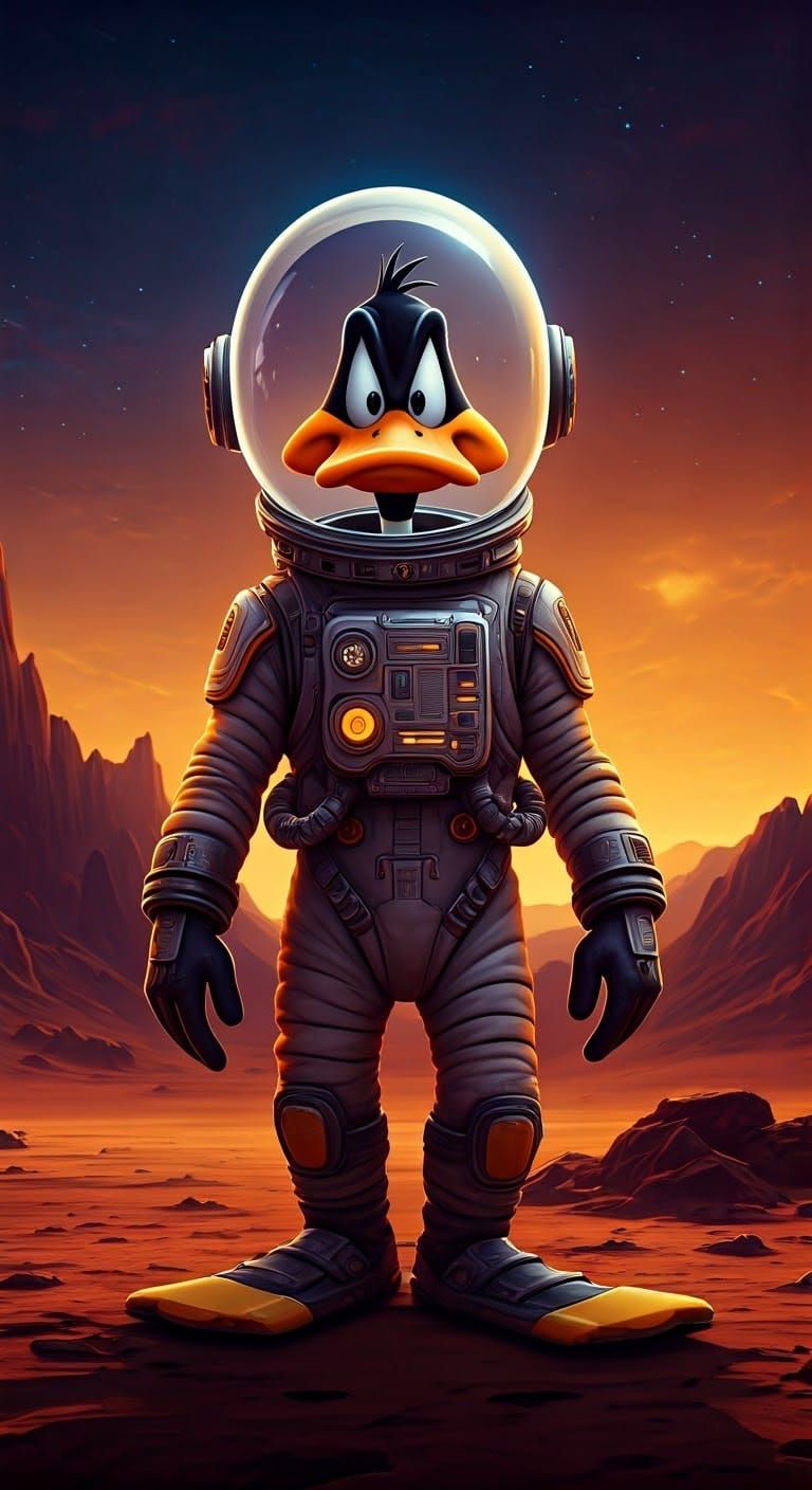 Daffy Duck on Mars in Futuristic Spacesuit