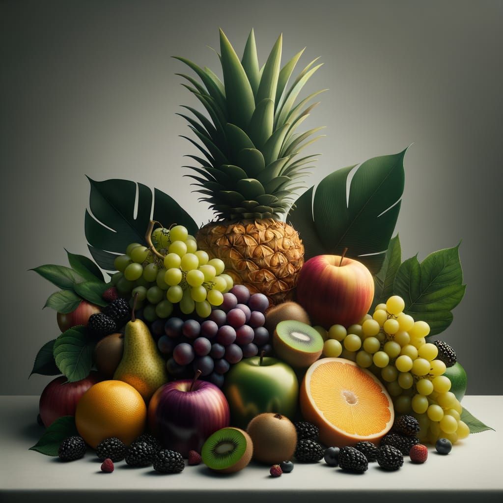 Photorealistic Bountiful Fruit Still Life Arrangement
