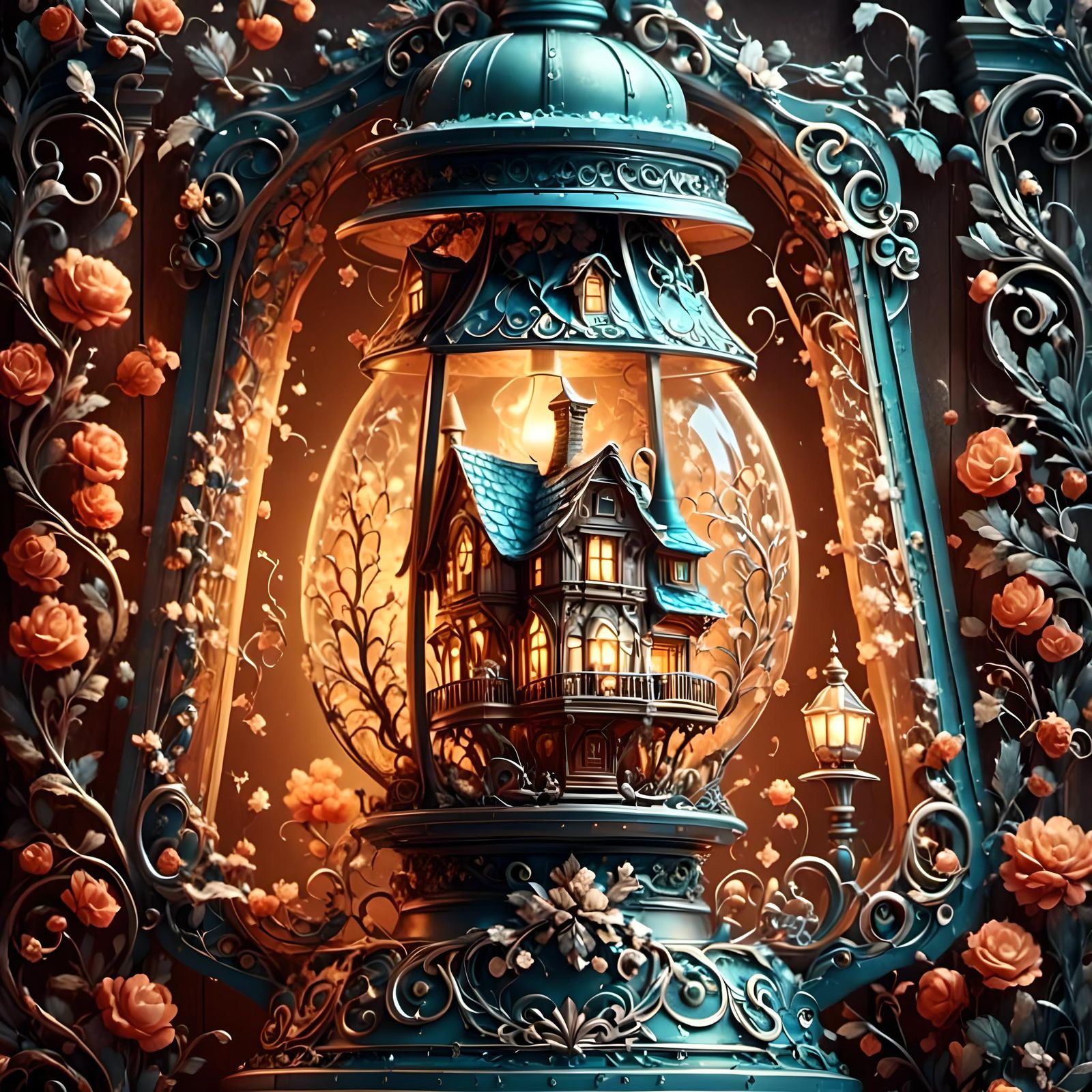 Miniature House Inside a 19th Century Lamp