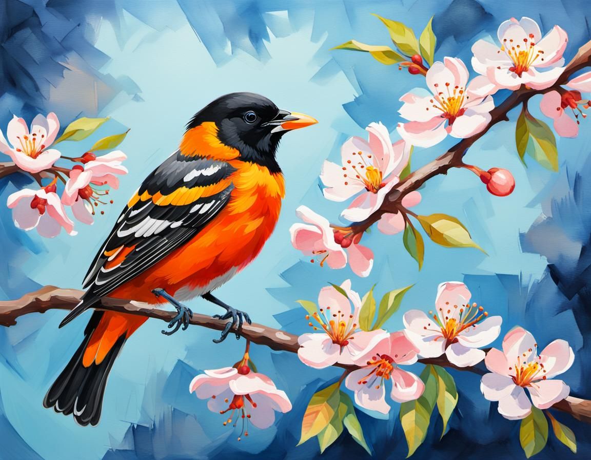 Oriole Bird on Cherry Branch in Gouache Style