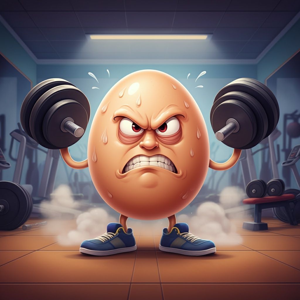 Angry Cartoon Egg Lifts Weights in Gym