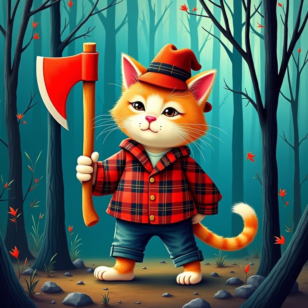 Kitten Lumberjack in Fauvist Cubist Forest