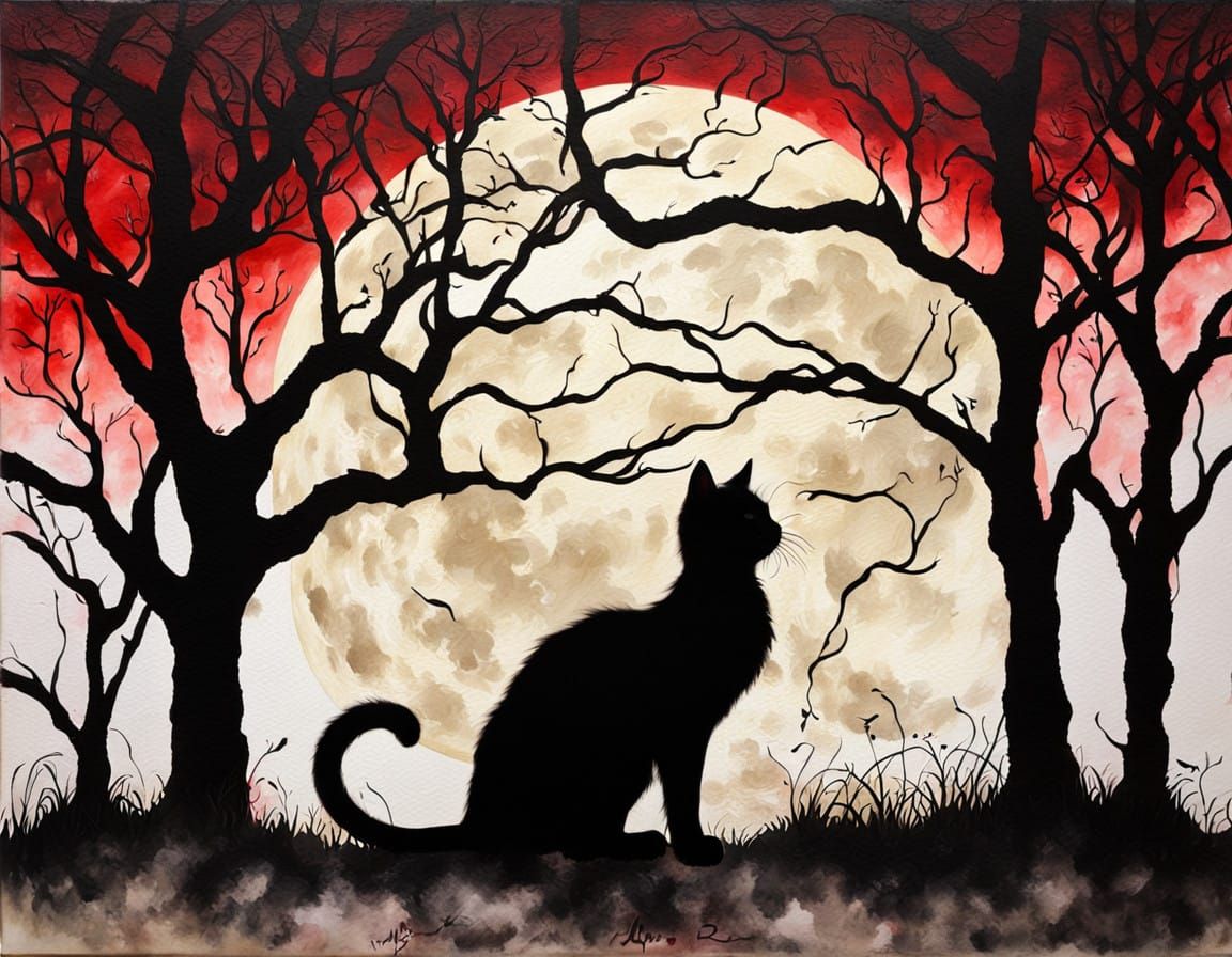 Silhouette of Man and Cat Under Full Moon