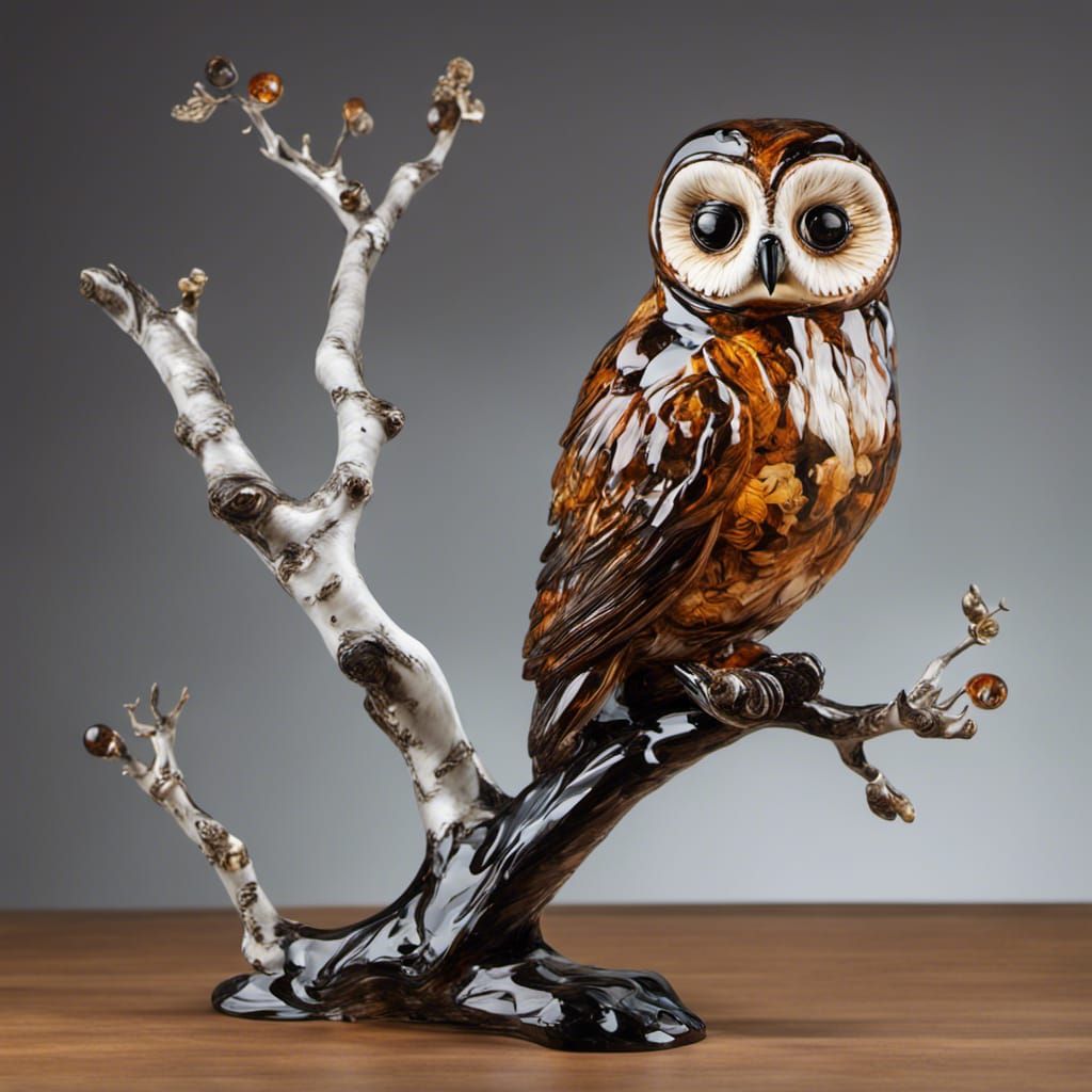 Glass Owl Figurine on Aspen Limb, 3D Art